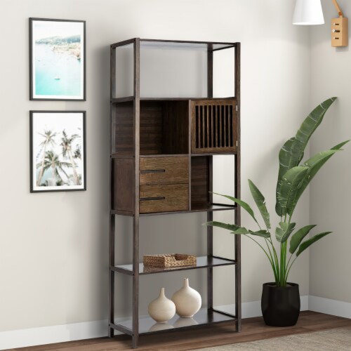 Axa 68 Inch Bamboo Shelf Bookcase with Cabinet, Right Facing, Dark Brown Perspective: right