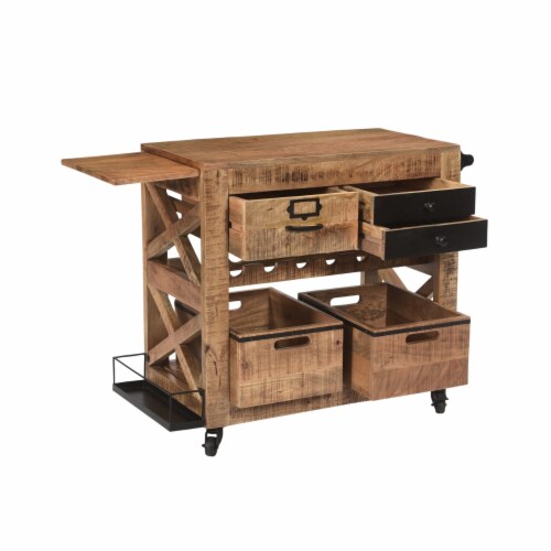 31 Inch Handcrafted Rustic Mango Wood Bar Cart Trolly with 3 Drawers and 6 Wine Bottle Perspective: right