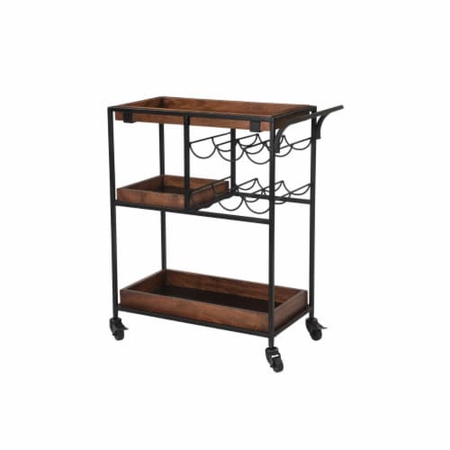 30 Inch Handcrafted Mango Wood Bar Serving Cart with Caster Wheels, 6 Bottle Holders, Tray Perspective: right