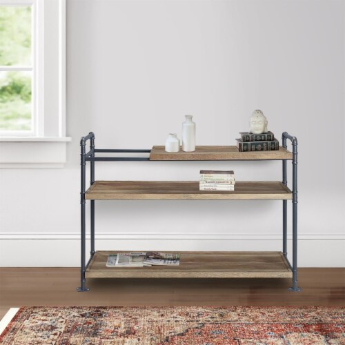 Ley 48 Inch 3 Tier Industrial Style Bookshelf, Metal, Brown, Black- Saltoro Sherpi Perspective: right