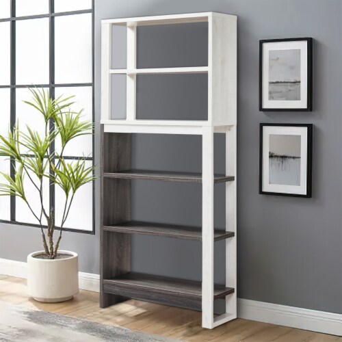 Crew 69 Inch 5 Tier Wood Bookcase Unit, Modern Open Design, Oak White, Gray Perspective: right