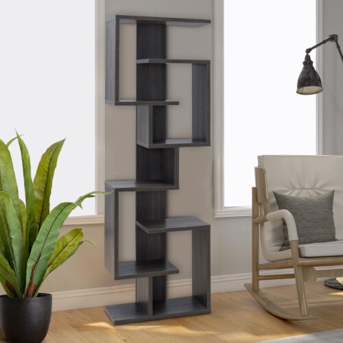 Andy 72 Inch Wood Bookcase, Geometric 7 Multi Layered Shelves, Gray Perspective: right