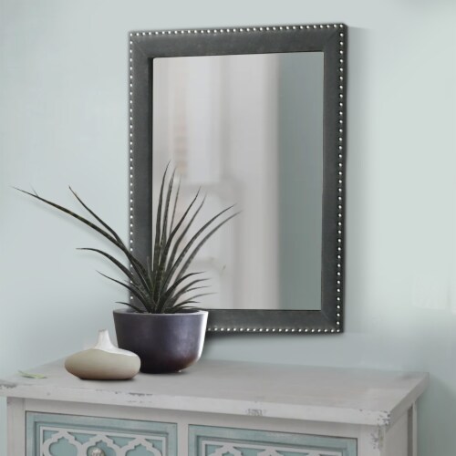 Cale 40 Inch Modern Portrait Mirror, Velvet Upholstery, Nailhead Trim, Gray Perspective: right