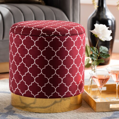 Serra Glam and Luxe Red Quatrefoil Velvet Fabric Upholstered Gold Finished Metal Storage Perspective: right