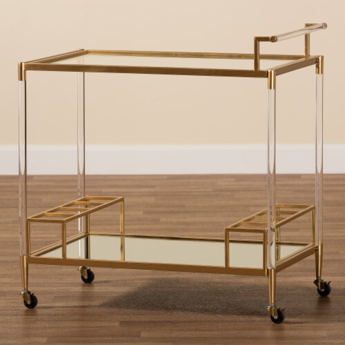 Baxton Studio Rosalina Contemporary Glam and Luxe Gold Metal and Mirrored Glass Wine Cart, One