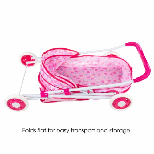 Pretend Play Toy Pram for Baby Dolls- Foldable, Pink Carriage with Diaper Bag Stroller Perspective: right