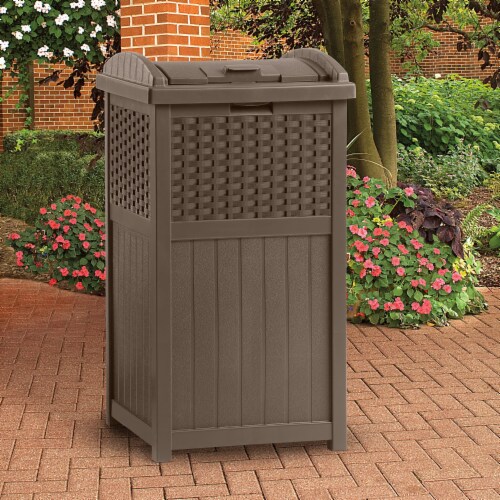 Suncast 73 Gallon Deck Box & Wicker Trash Hideaway Outdoor Garbage Bin, Java Perspective: right