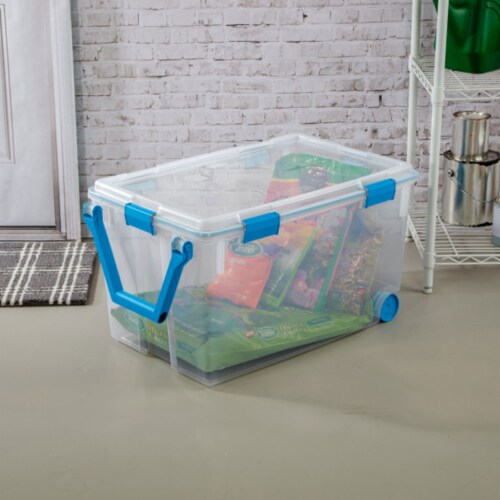 Sterilite 80 Qt Gasket Box, Stackable Storage Bin with Latching Lid and  Tight Seal Plastic Container to Organize Basement, Clear Base and Lid,  12-Pack