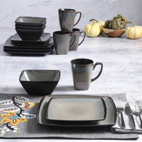 Gibson 16 Piece Square Dinnerware Set with Plates, Bowls, and Mugs (2 Pack) Perspective: right