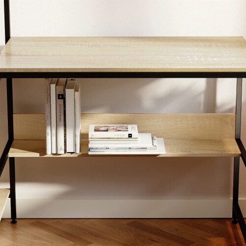 Bestier Computer Office Desk Workstation with Side Storage Shelves & Hook, Oak Perspective: right