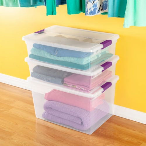 Sterilite 66 Qt ClearView Latch Storage Box, Stackable Bin with Latching  Lid, Plastic Container to Organize Clothes in Closet, Clear Base, Lid,  6-Pack