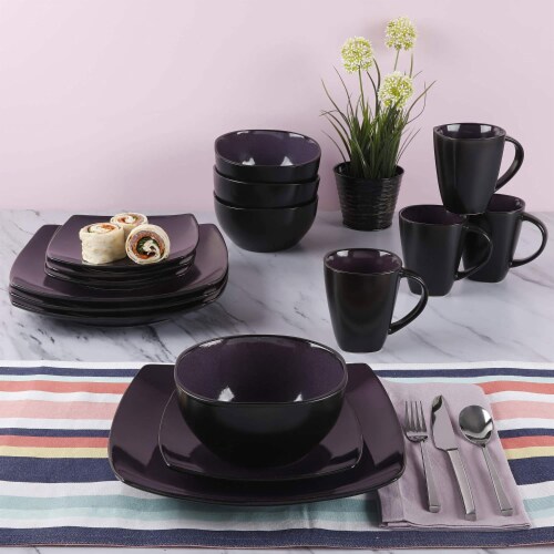 Gibson Elite Soho Lounge 16 Piece Plates, Bowls, and Mugs Set, Purple (2 Pack) Perspective: right