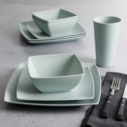 Gibson Home 16 Pc Melamine Dinnerware Set Plates, Bowls, & Cups, Mint (4 Pack) Perspective: right