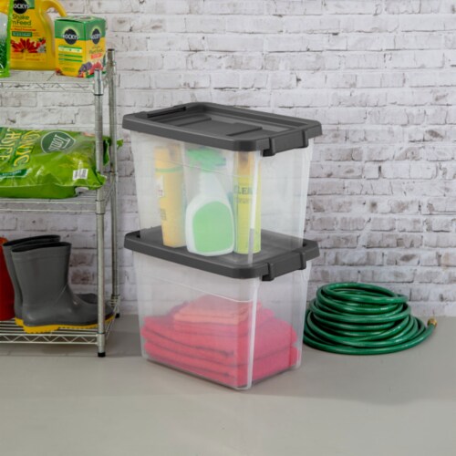 Sterilite 30 Qt Clear Plastic Stackable Storage Bin w/ Grey Latch Lid, 24 Pack Perspective: right