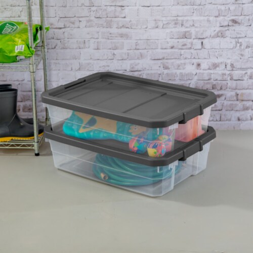 Sterilite 30 qt Clear Plastic Stackable Storage Bin with Grey Latch Lid, 6 Pack