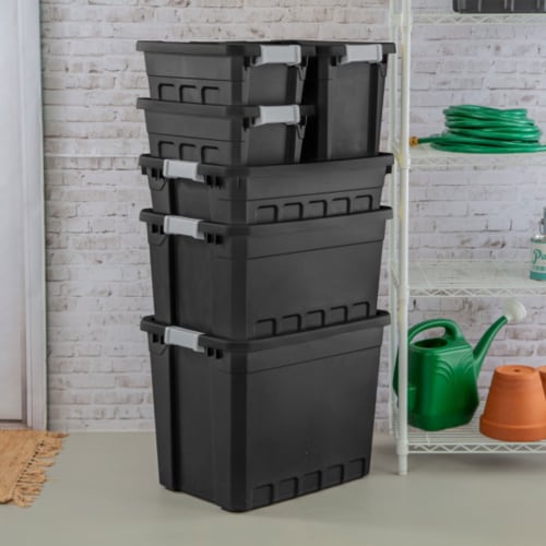 Sterilite 50 Gal Rugged Industrial Stackable Storage Tote w/ Lid, Black, 9 Pack