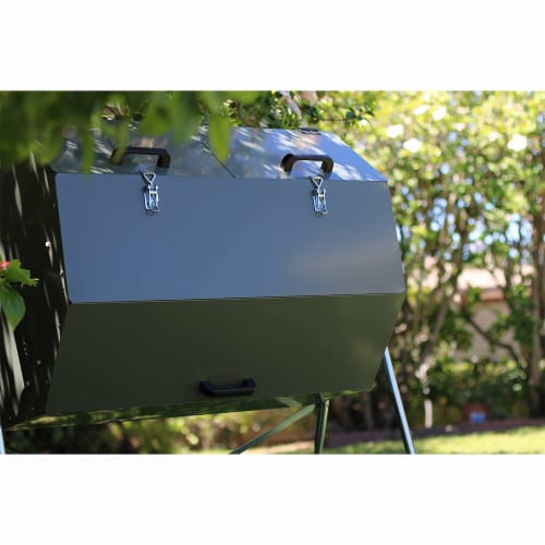 Jora Composters JK270A 70 Gallon Outdoor Dual Chamber Steel Compost Tumbler Bin Perspective: right