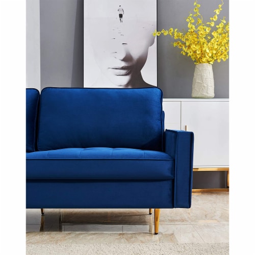 JULYFOX Mid Century Modern Button Tufted Velvet Loveseat Sofa Couch, Blue Perspective: right