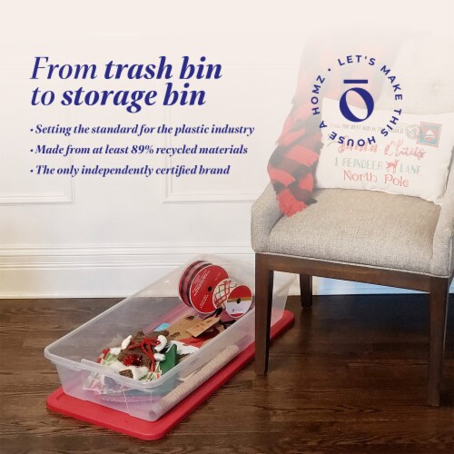 Homz 41Qt Clear Plastic Holiday Storage Container w/Red Snap Lock Lid (4 Pack) Perspective: right