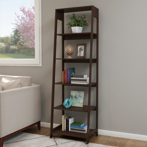 5 Shelf Ladder Bookshelf- Free Standing Wooden Tiered Bookcase Home Office Decor Perspective: right