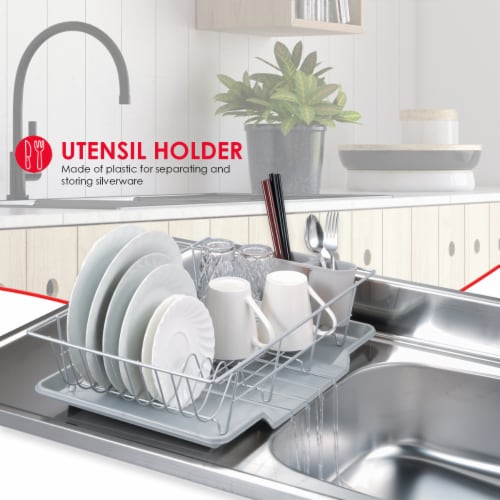 Home Basics 3 Piece Vinyl Coated Steel Dish Drainer with Drip Tray Silver 1 Unit Harris Teeter