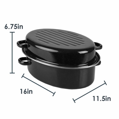 Home Basics Deep Oval Natural Non-Stick 14” Enameled Carbon Steel Roaster Pan with Lid, Black Perspective: right
