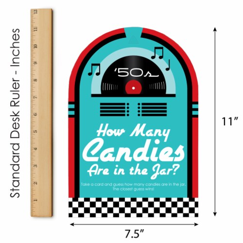 Big Dot of Happiness 50’s Sock Hop How Many Candies Rock N Roll Party Candy Guessing Game Perspective: right