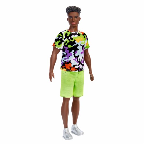 Barbie Ken Fashionistas Doll, Broad, Black Curly Hair, Multi-Colored Camo Print Shirt Perspective: right