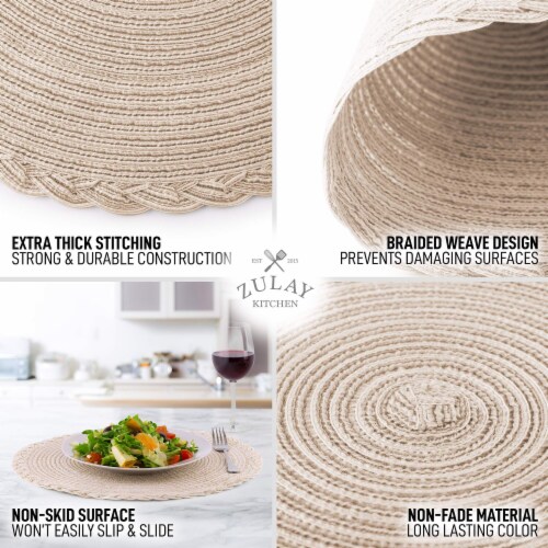 Zulay Kitchen Round Placemats Braided - Set of 6 - Ivory with Border Perspective: right