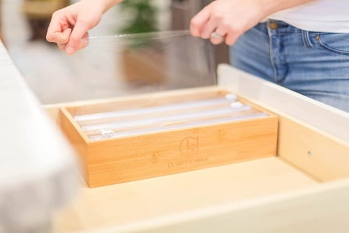 Wooden Foil and Plastic Wrap Dispenser With Cutter - 3 in 1 Organizer Perspective: right