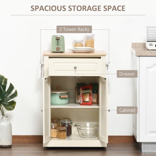 Modern Rolling Kitchen Island Storage Cart w/ Drawer & Adjustable Shelf, White Perspective: right