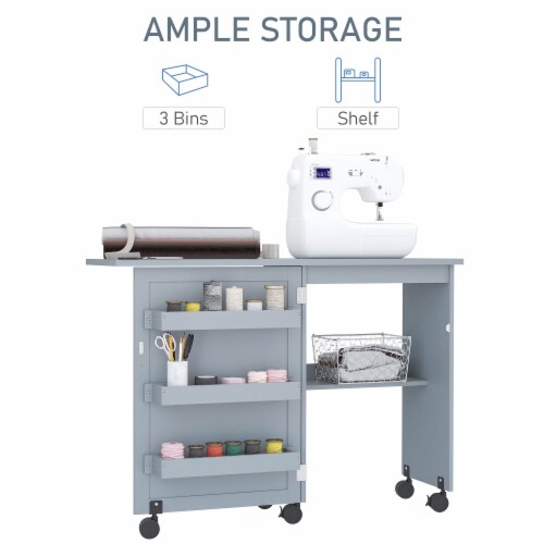 Folding Sewing Table Rolling Utility Work Station & Side Desk w/ Storage Bins Perspective: right