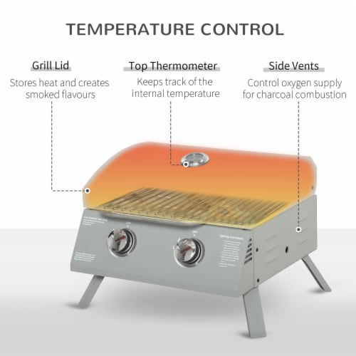 2 Burner Folding Tabletop Gas BBQ Grill w/ Lid, Thermometer, Carbon Steel, Grey Perspective: right
