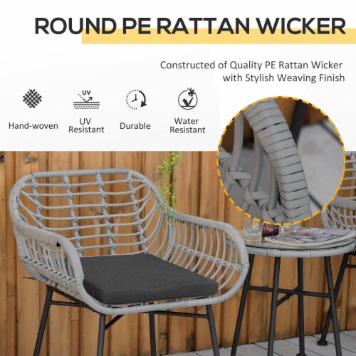 3-Piece Rattan Bistro Outdoor Table & Chairs Furniture Patio Set, Garden, Grey Perspective: right