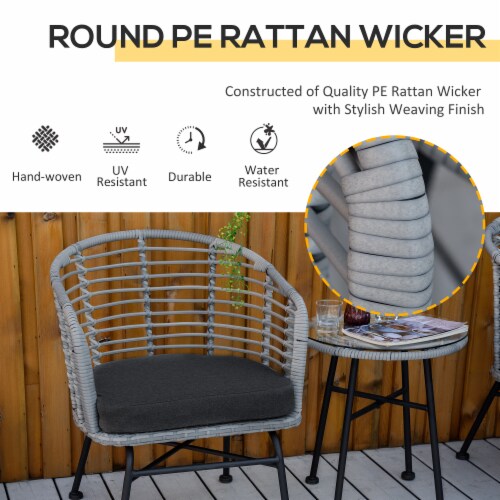 3-Piece Rattan Bistro Outdoor Table & Chairs Furniture Patio Set, Garden, Grey Perspective: right