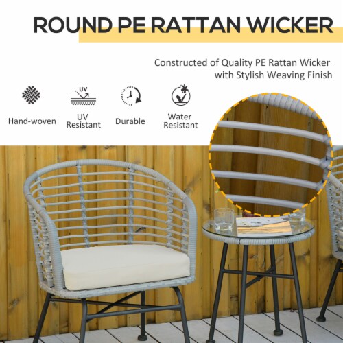 3-Piece Rattan Bistro Outdoor Table & Chairs Furniture Patio Set, Garden, White Perspective: right