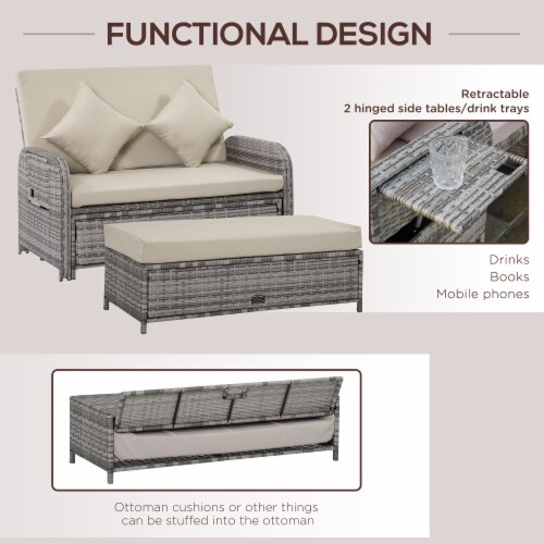 2 PCS Patio Wicker Loveseat Sofa Set Daybed Furniture w/ Storage Ottoman Perspective: right