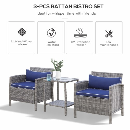 3pc Patio Bistro Set Rattan Wicker Furniture, 2 Armchairs, Table, Shelf, Blue Perspective: right