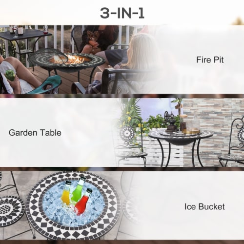 30  Wood Burning Fire Pit & Outdoor Ice Bucket Side Table, Steel, Lid, Mosaic Perspective: right