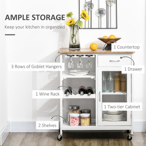 Utility Kitchen Cart Rolling Kitchen Island Storage Trolley w/ Wine Rack, White Perspective: right