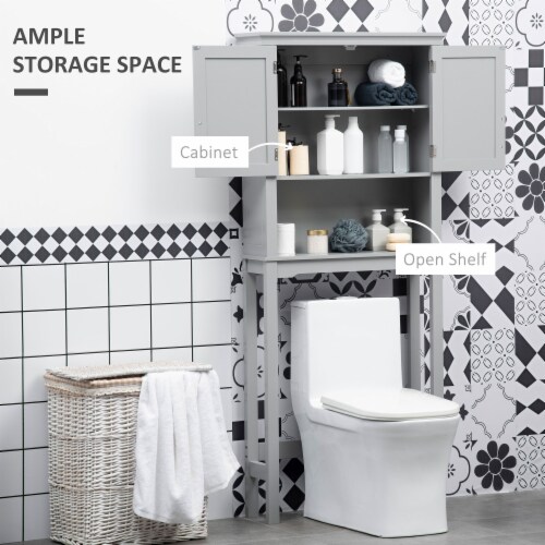 Over The Toilet Storage Cabinet, Double Door Bathroom Organizer w/ Shelf, Grey Perspective: right
