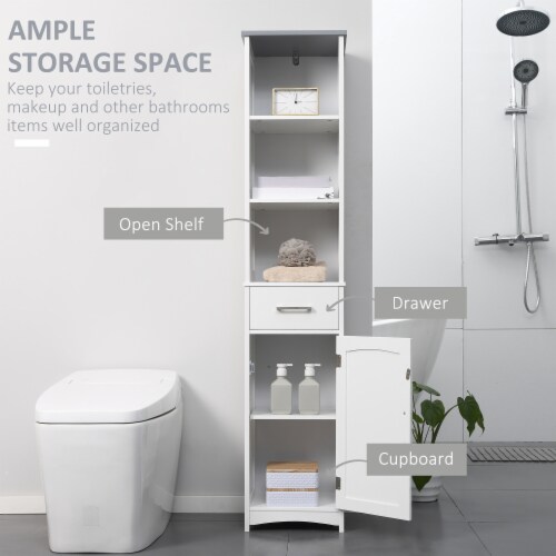Tall Bathroom Storage Cabinet, Freestanding Linen Tower Slim Organizer, White Perspective: right