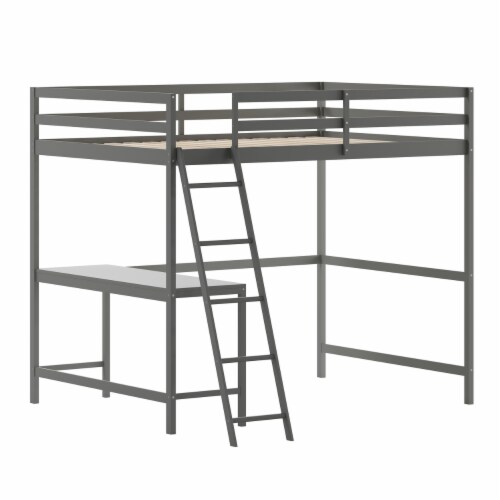 Riley Loft Bed Frame with Desk, Full Size Wooden Bed Frame with Protective Guard Rails & Perspective: right