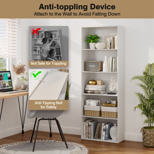 Costway 5-Shelf Storage Bookcase Modern Multi-Functional Display Cabinet Furniture White Perspective: right