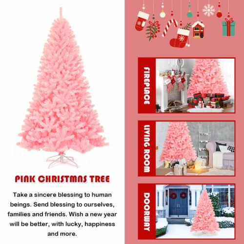 Costway 7.5Ft Hinged Artificial Christmas Tree Full Fir Tree New PVC w/ Metal Stand Pink Perspective: right