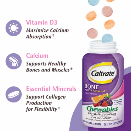 Caltrate Chewables 600+D3 Plus Minerals Calcium Vitamin D Supplement Perspective: right