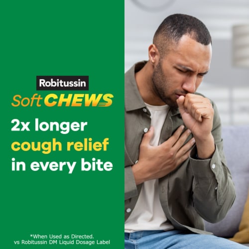 Robitussin Soft Chews, Long-Acting Cough Relief, Dextromethorphan, Berry Flavor Chewable Tablets Perspective: right
