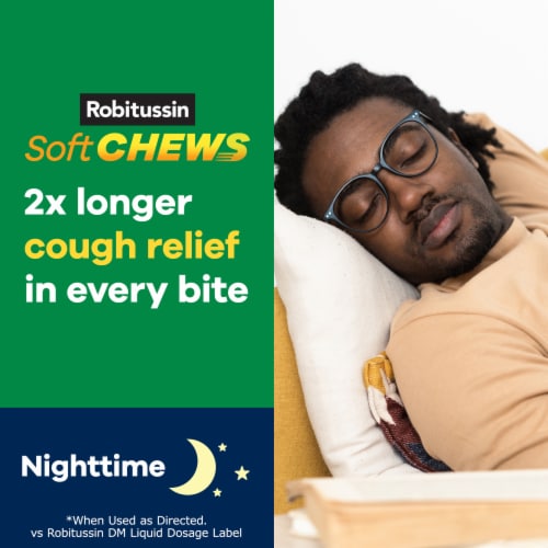 Robitussin Soft Chews, DM Nighttime Cough Relief, Dextromethorphan, Berry Flavor Chewable Tablets Perspective: right