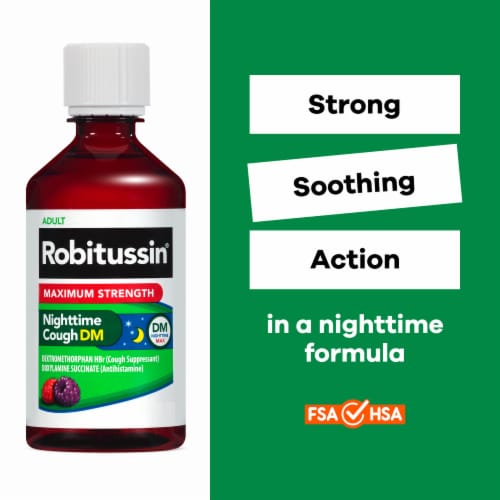 Robitussin DM Max, Nighttime Cough Relief, Dextromethorphan, Berry Flavor Syrup Perspective: right
