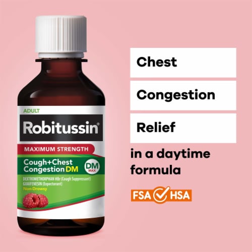 Robitussin DM Max Cough plus Chest Congestion Relief, Dextromethorphan, Raspberry Flavor Syrup Perspective: right